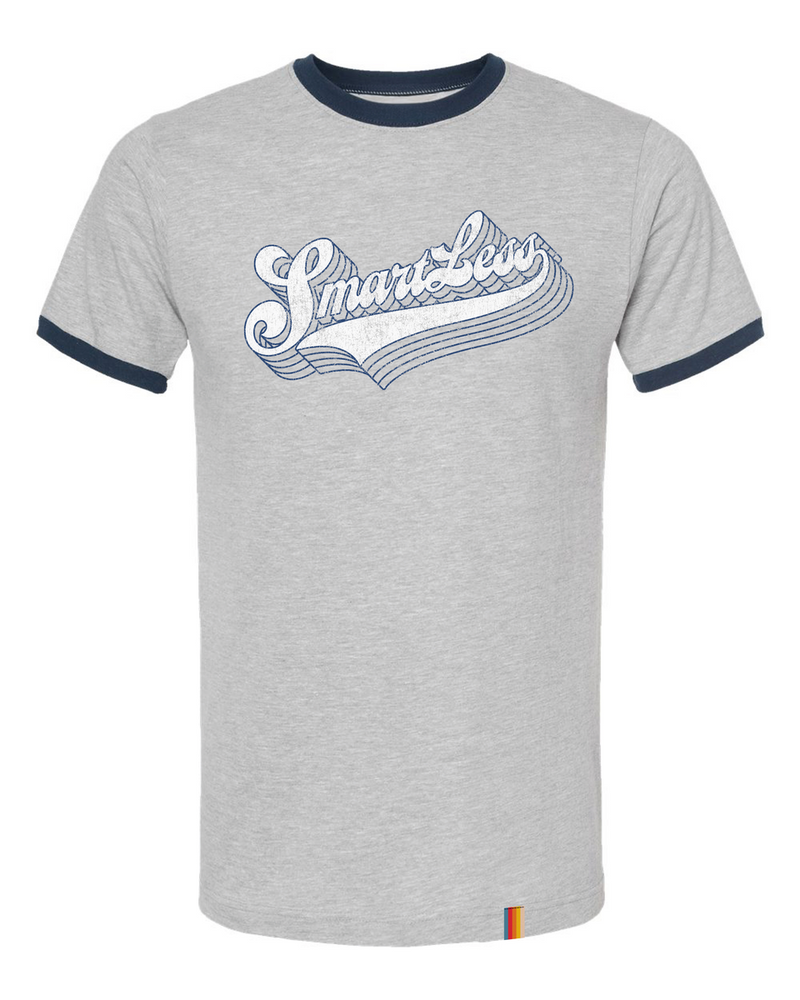 Gray t-shirt with navy ringer collar featuring a retro-style "SmartLess" graphic design.