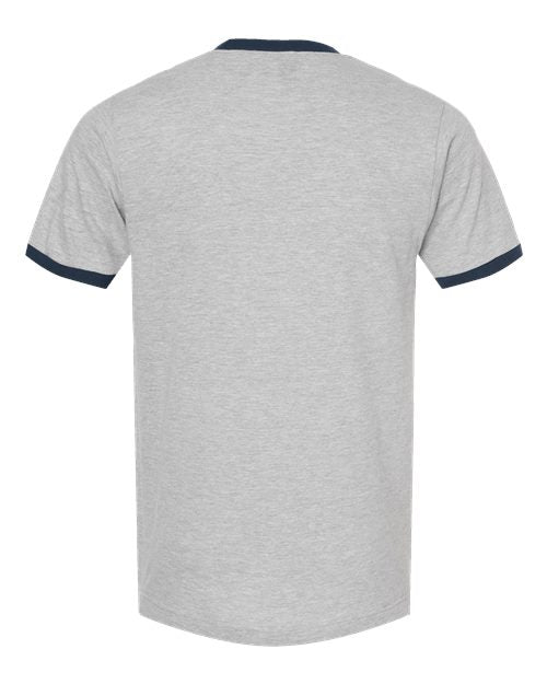 back view of a gray t-shirt with navy blue collar and sleeve accents