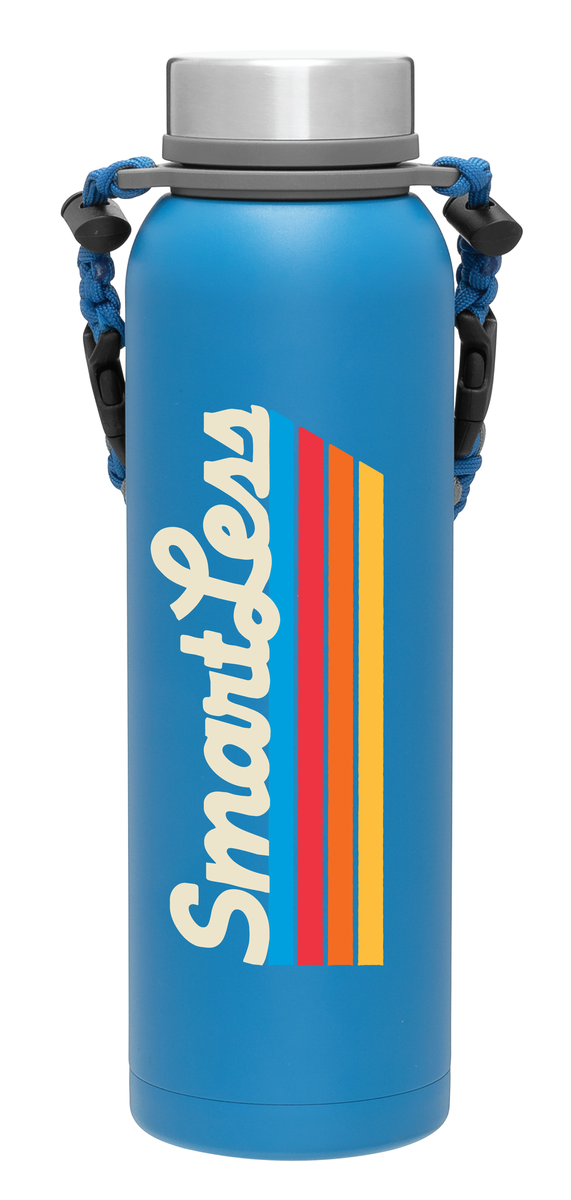 Blue stainless steel water bottle with the text 'SmartLess' and colorful vertical stripes.