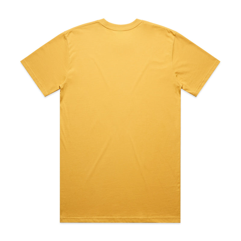 Back view of a plain yellow t-shirt.