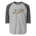 Raglan baseball t-shirt featuring the colorful text 'SmartLess' on an athletic heather background with dark grey sleeves.