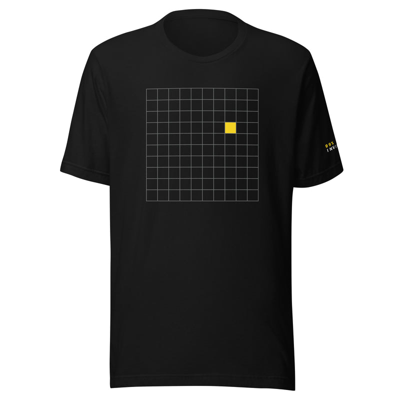 Front of black t-shirt with a grid design featuring a solid yellow square in the top left corner.