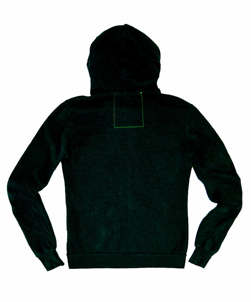 black hoodie with a rear view featuring a small square patch on the back and long sleeves