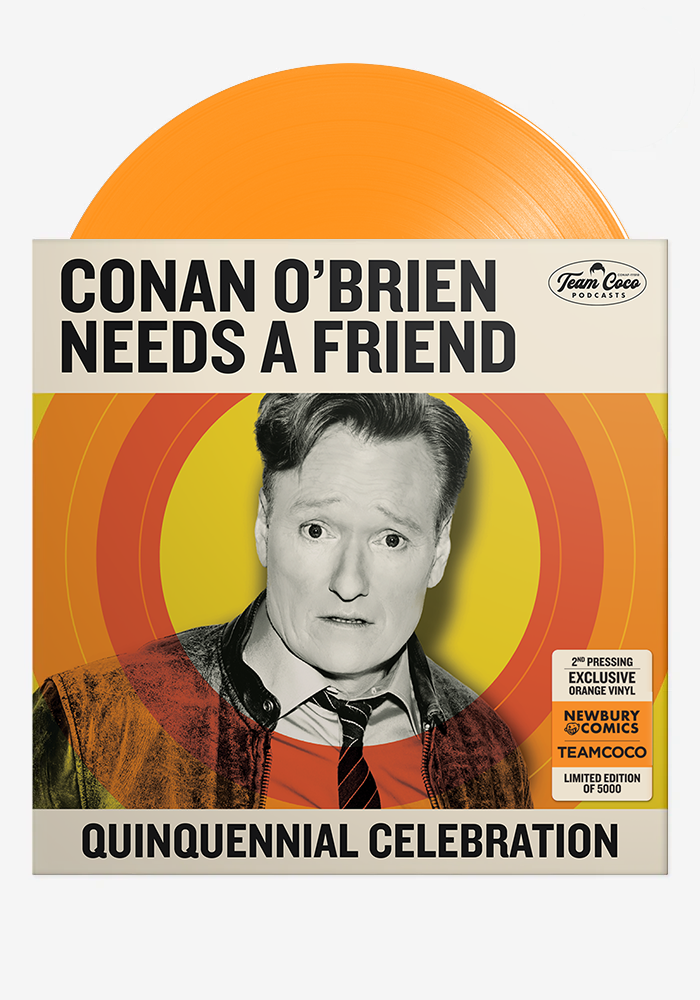 Album cover for 'Conan O'Brien Needs a Friend,' featuring an orange vinyl and a surprised Conan image and orange vinyl record sticking out of the top.