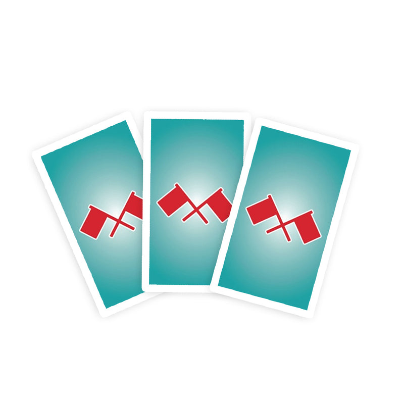 Three cards, each with two crossed red flags sticker on a teal background.