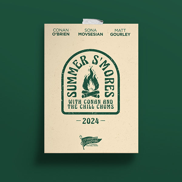 Design for Summer S'mores 2024 featuring a campfire logo and names of Conan O'Brien, Sona Movsesian, and Matt Gourley.