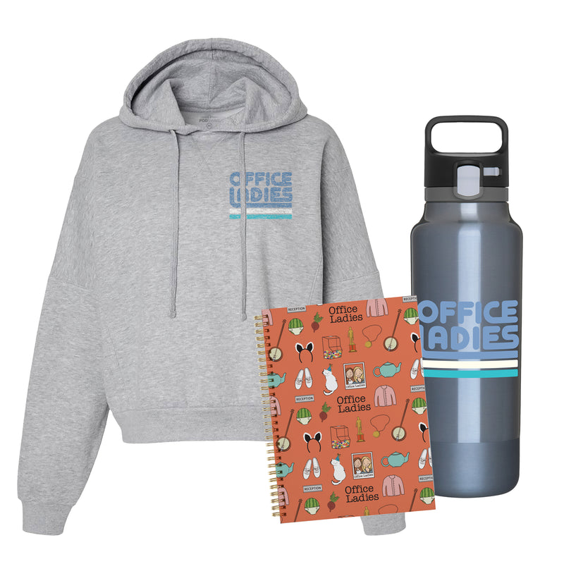 gray hoodie, spiral notebook with illustrations, and stainless steel water bottle with Office Ladies logo