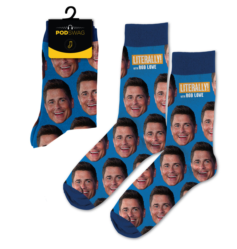 socks featuring repeated smiling faces on a blue background with Literally with Rob Lowe text