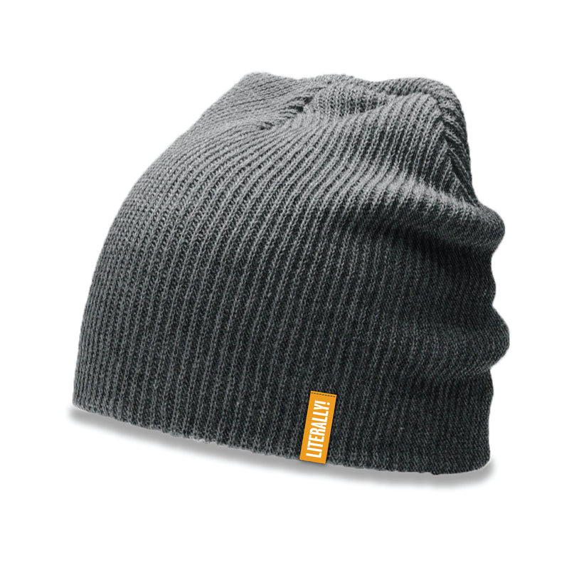 Gray knit beanie with a textured pattern and a small orange label on the side