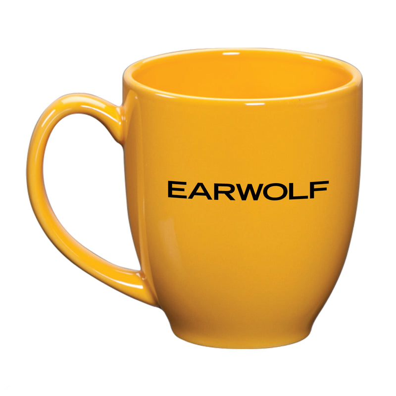 yellow coffee mug with black text that says EARWOLF