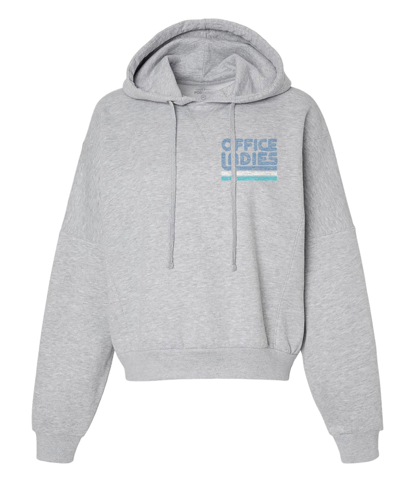 gray hoodie with OFFICE LADIES printed in blue and light blue on the front