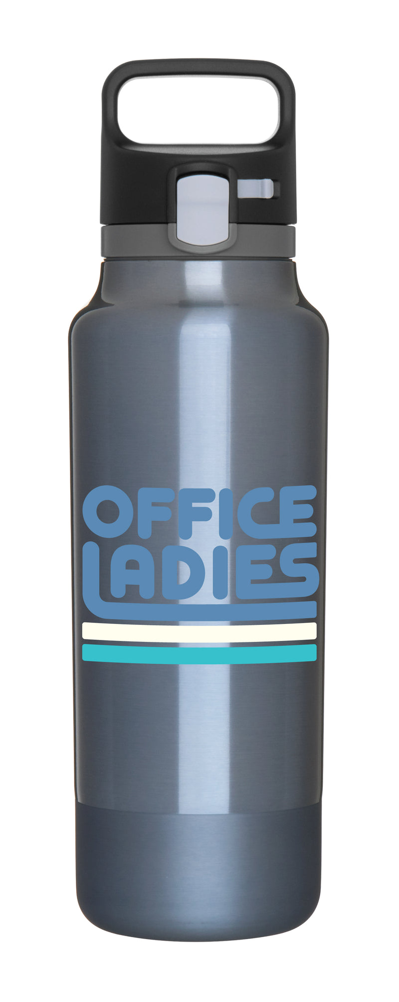 Stainless steel water bottle with light blue text reading OFFICE LADIES and two horizontal stripes on the bottom.