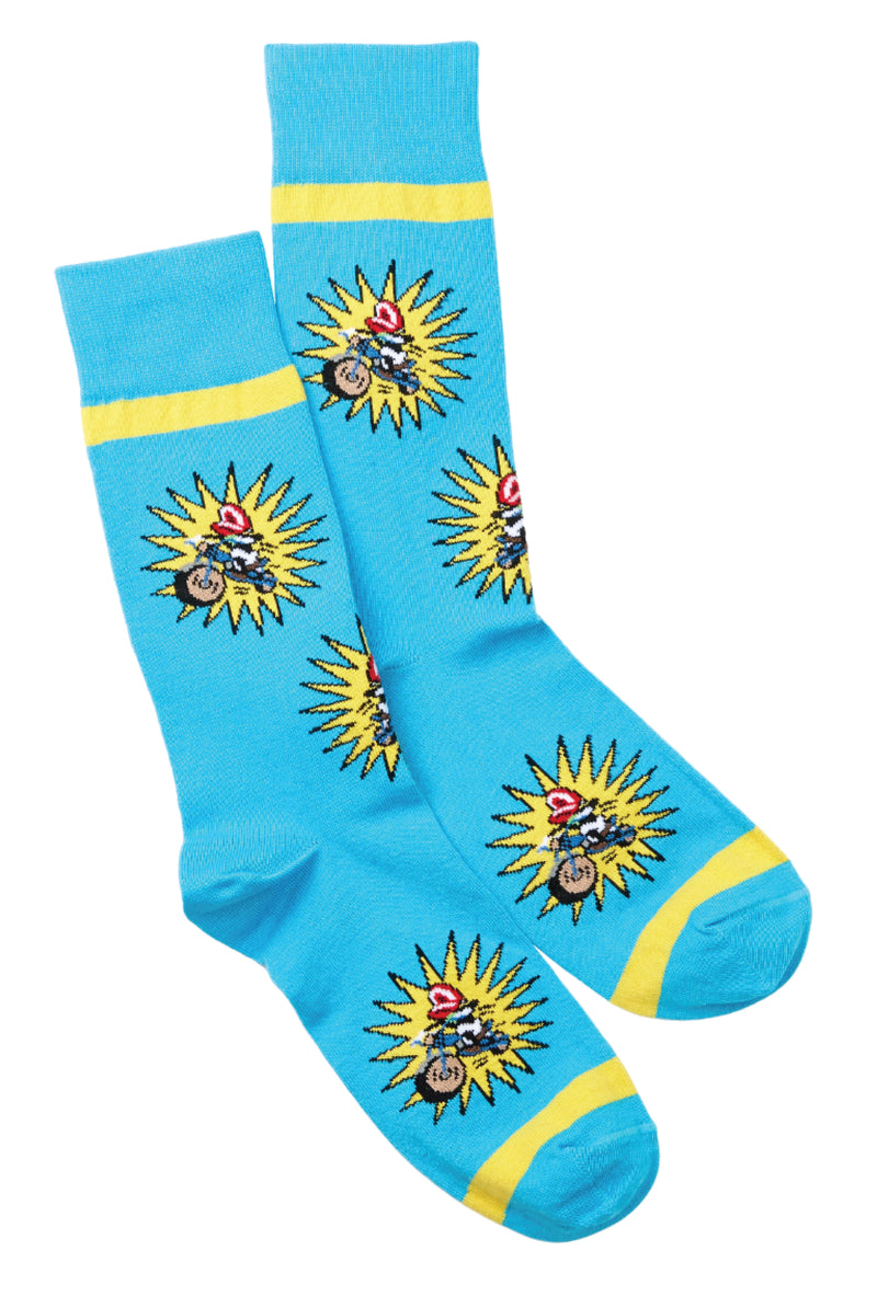 colorful blue socks with yellow stripes and motormouth riding a motorcycle in yellow bursts.