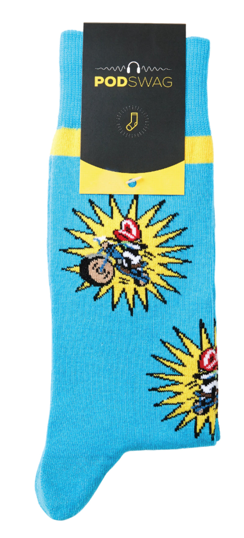 Colorful socks featuring motormouth character on a motorcycle with a bright yellow explosion background.