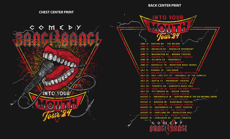 Close up of graphic design for a comedy tour featuring bold text, a stylized mouth with teeth, a microphone, and vibrant colors; includes tour dates and venues on the back.'