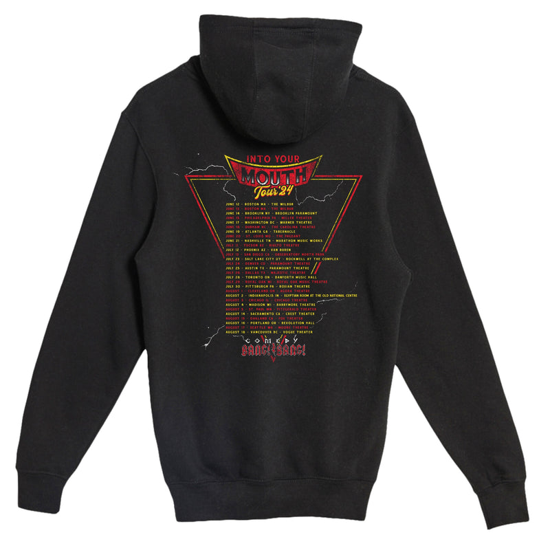 BAck of black hoodie featuring a graphic design on the back with the text 'INTO YOUR MOUTH Tour '24' and a list of tour dates and locations.