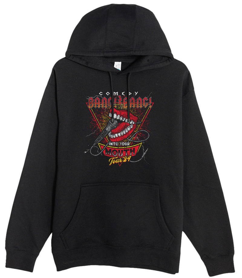 Black hoodie with a graphic design featuring a mouth, comedy elements, and the text 'Comedy Bang Bang! Into Your Mouth Tour '24.'