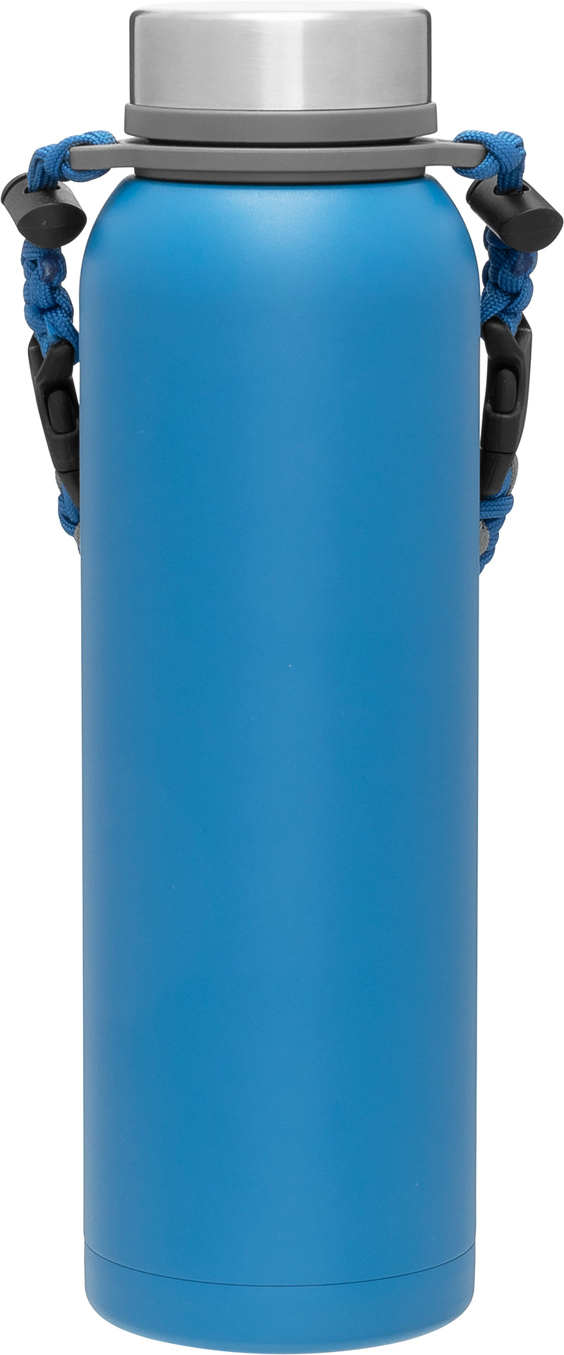 Blue water bottle with a silver cap and a blue corded strap.