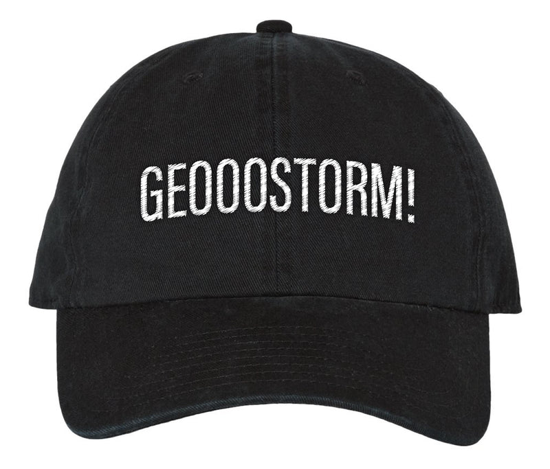 A black baseball cap with white embroidered text on the front that reads 'GEOOOSTORM!' in bold, uppercase letters. The hat has a curved brim and a six-panel design.