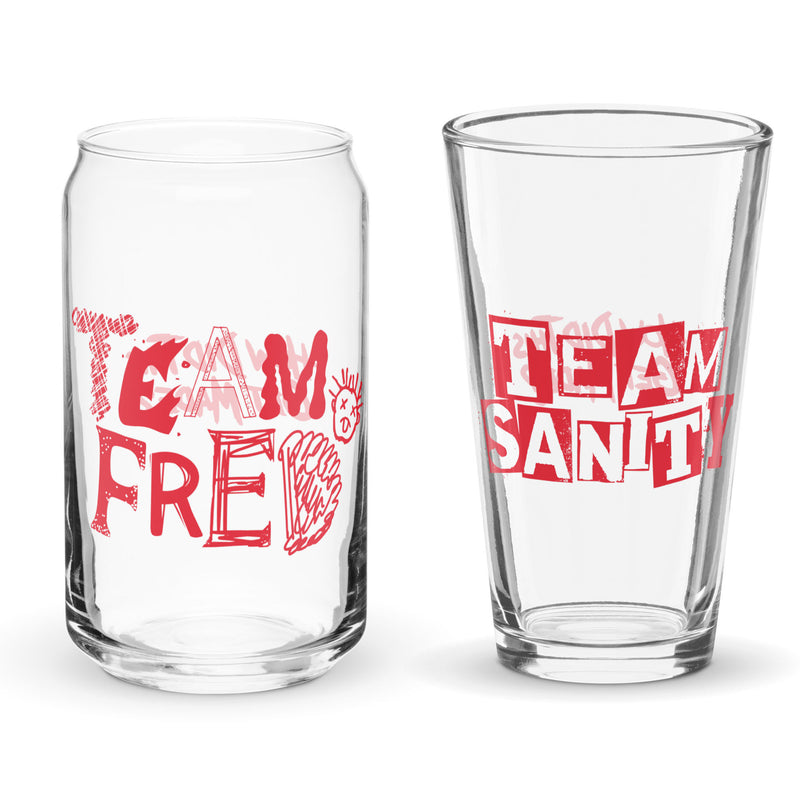 Two glasses featuring the phrases TEAM FRED and TEAM SANITY in bold red letters.