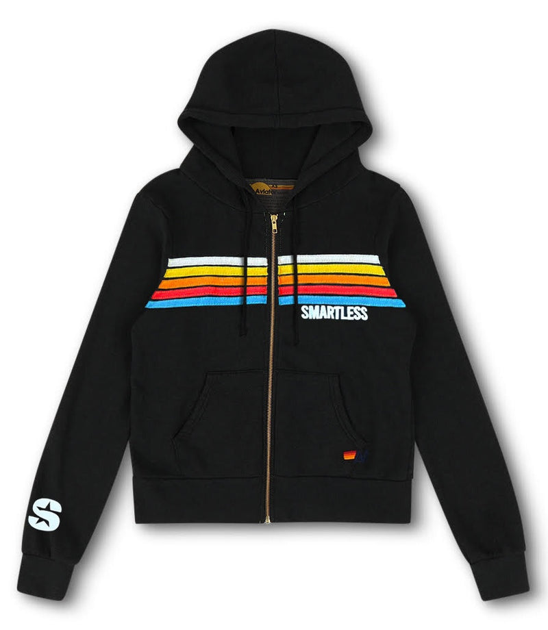 black hoodie with colorful horizontal stripes and SMARTLESS text on chest, front pockets and logo on sleeve