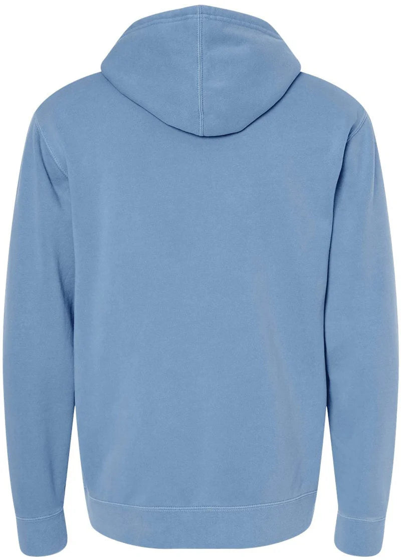 Back view of a light blue hoodie.