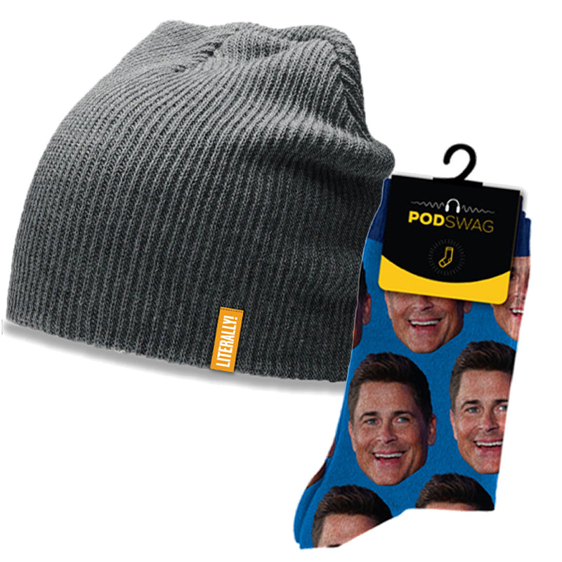 gray beanie with a tag and blue socks featuring repeated facial print of Rob Lowe.