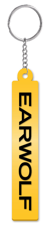 Keychain with a yellow tag displaying the word EARWOLF in bold black letters.