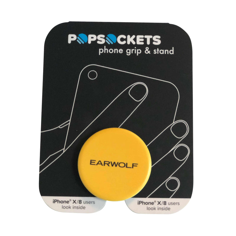 Yellow PopSocket with the word EARWOLF on a black backing displaying instructions for iPhone users