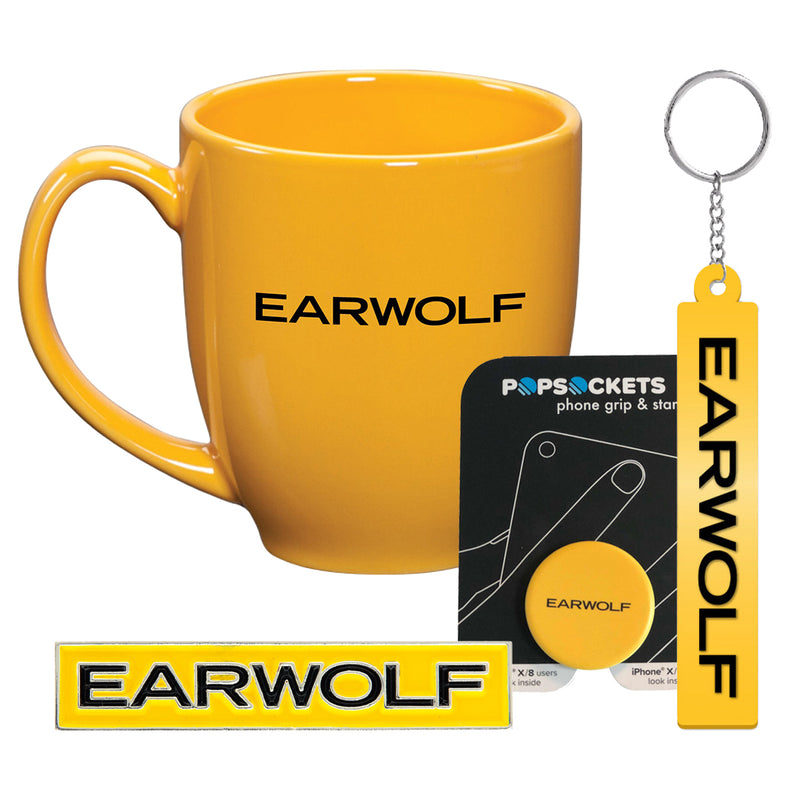 yellow mug, popsockets grip, keychain, and enamel featuring the brand name Earwolf