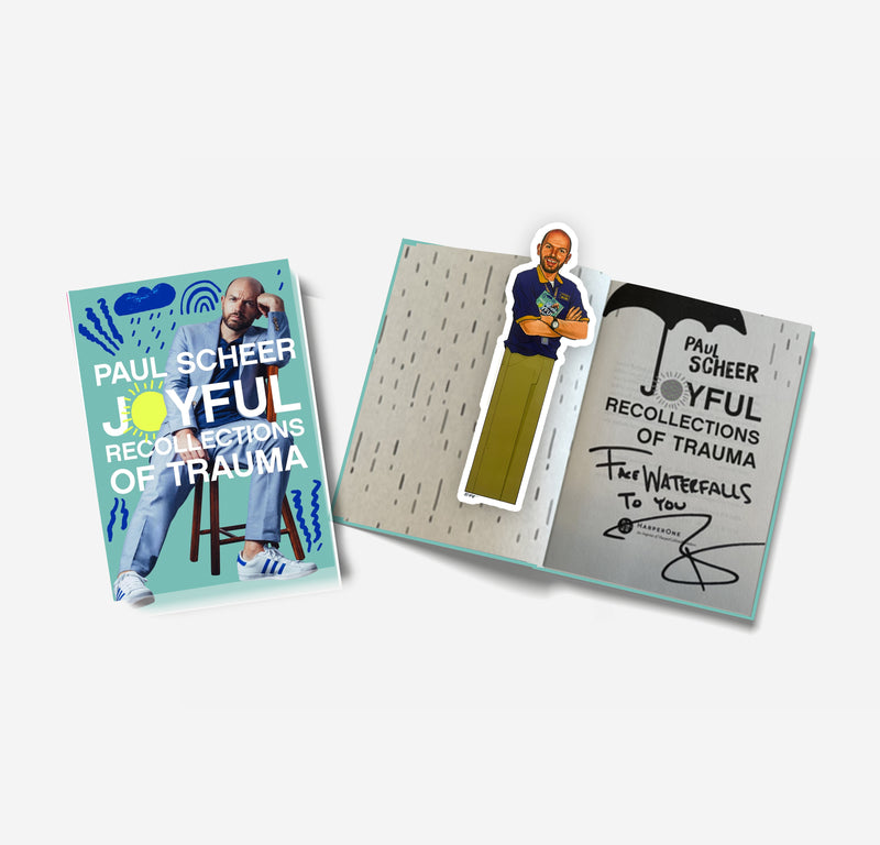 Book cover and illustrated bookmark from Paul Scheer's Joyful Recollections of Trauma showing inside page with a signature.