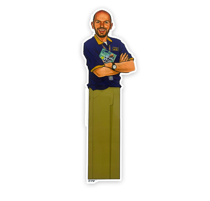 Illustration of a smiling Paul Scheer with a beard, wearing a blue shirt and khaki pants, arms crossed, standing confidently.