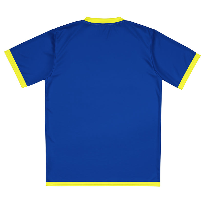 Back view of a blue short-sleeve soccer jersey with yellow trim on the collar and sleeves.