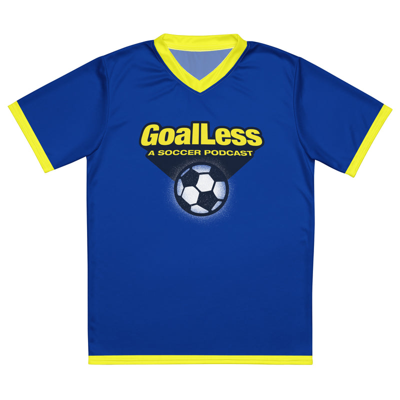 Blue soccer jersey with yellow accents featuring the text 'GoalLess A SOCCER PODCAST' and a soccer ball graphic.