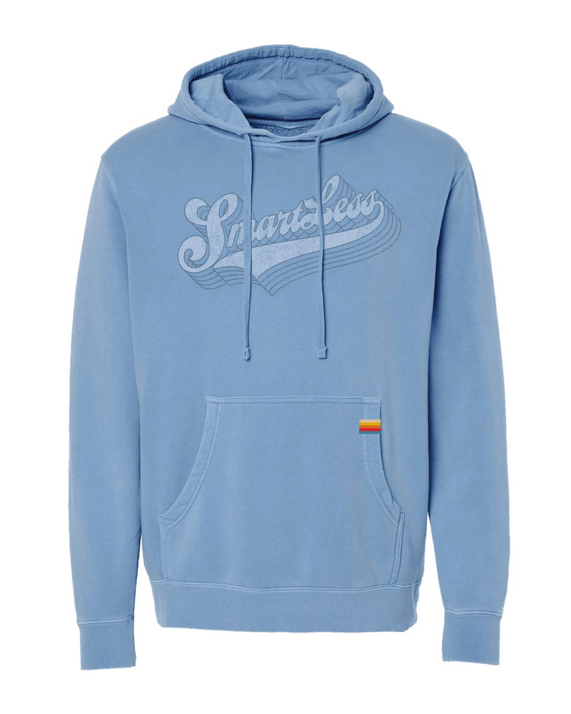 Light blue hoodie with the text 'SmartLess' on the front and a small striped clip label on the pocket.