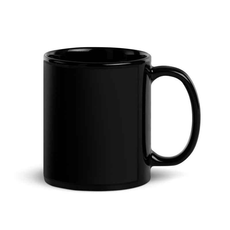 A black glossy coffee mug shown from the back, without any visible designs or text. The handle is on the right side.