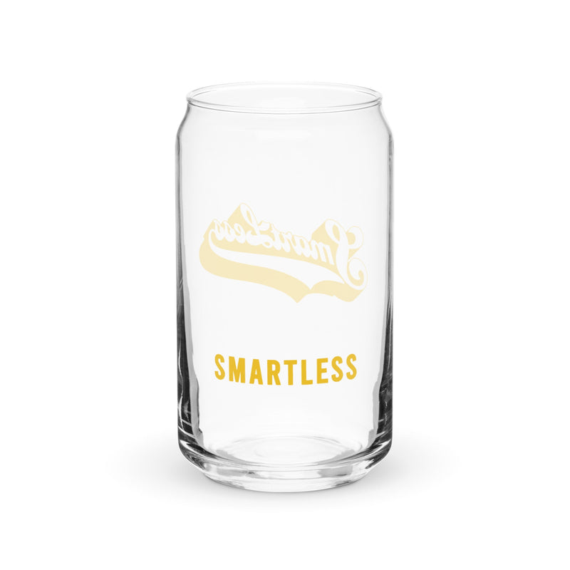 A clear glass with yellow text that reads 'SMARTLESS' and a decorative script logo above it.