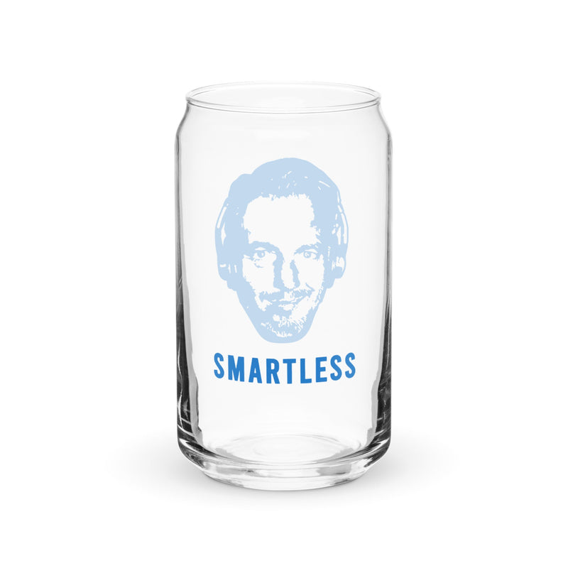 Glass featuring a blue illustration of a person's face wearing headphones, with the word 'SMARTLESS' printed in blue below the face.