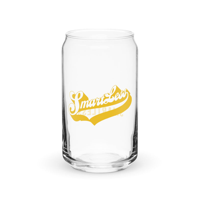 Clear glass featuring a yellow logo that reads 'SmartLess.'