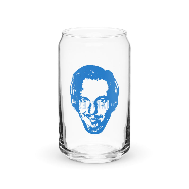 Transparent glass with a blue graphic of Will Arnett's face.