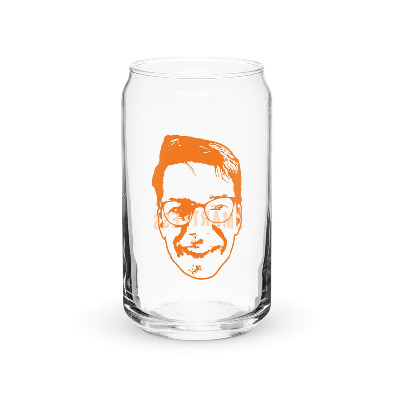 Transparent glass with an orange graphic of Sean Hayes' face.