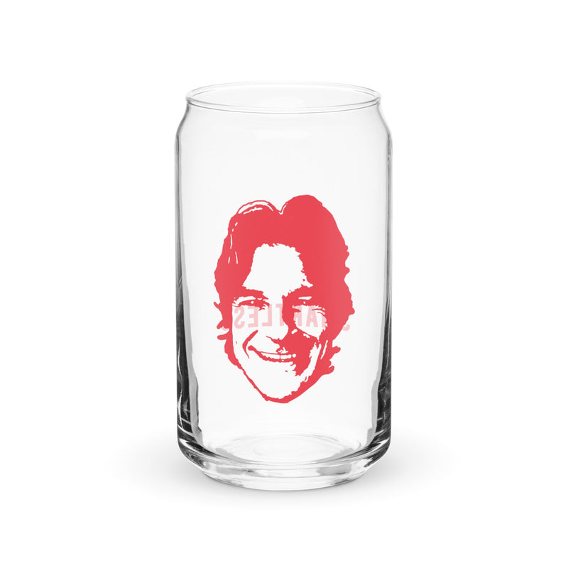 Transparent glass with a red graphic of Jason Bateman's face.