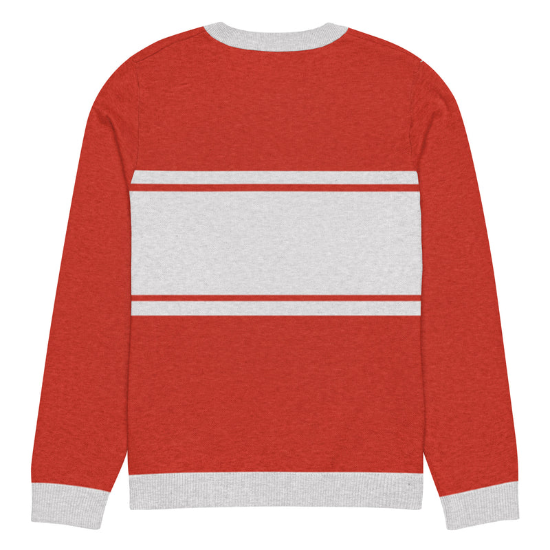 Red sweater with gray accents featuring two horizontal grey stripes on the back.