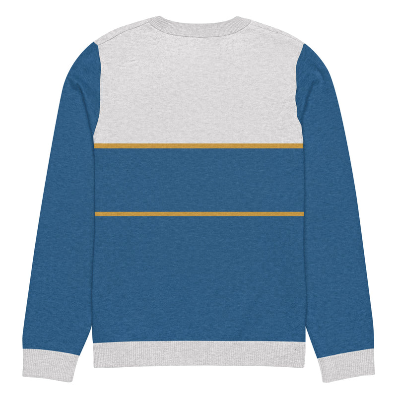 Back of blue sweater with horizontal yellow stripes and grey hems and central collar section.