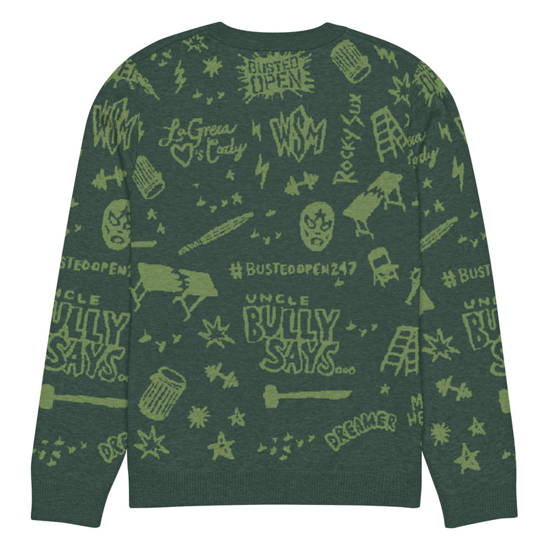 Back of green sweater featuring various graffiti-style illustrations and text, including 'BUSTED OPEN,' 'UNCLE BULLY SAYS,' and other playful designs.