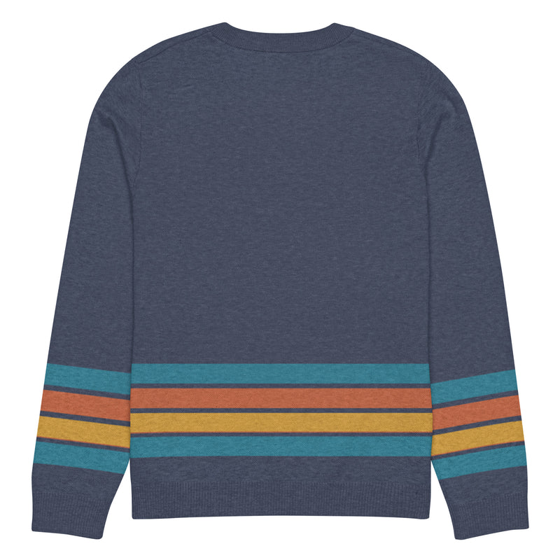 Back view of a navy blue sweater featuring colorful horizontal stripes in blue, orange, yellow, and blue (repeated) across the lower part of the garment and sleeves.