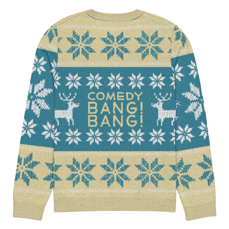 Back of sweater featuring reindeer and snowflakes with the text 'COMEDY BANG! BANG!' across the back.