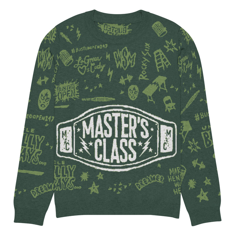 A green sweater featuring a 'MASTER'S CLASS' logo in white on wrestling belt illustration, surrounded by various doodles and symbols related to wrestling and entertainment.