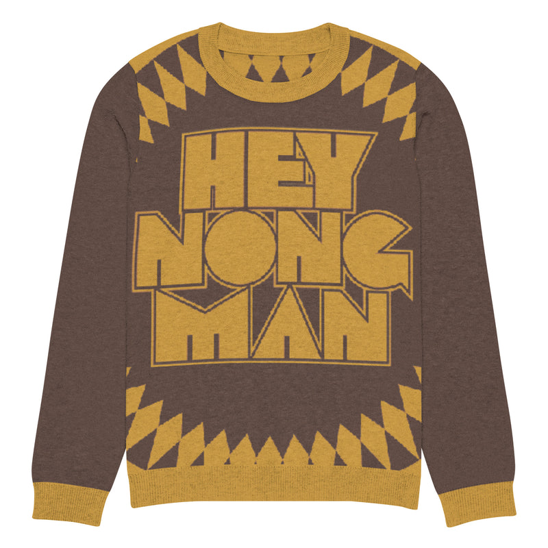 Brown sweater with gold 'HEY NONG MAN' text and a patterned design.