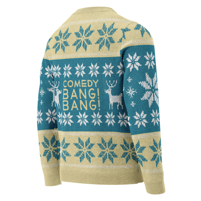 Back of a knitted sweater featuring a festive design with snowflakes and reindeer, and the text 'COMEDY BANG! BANG!' prominently displayed.